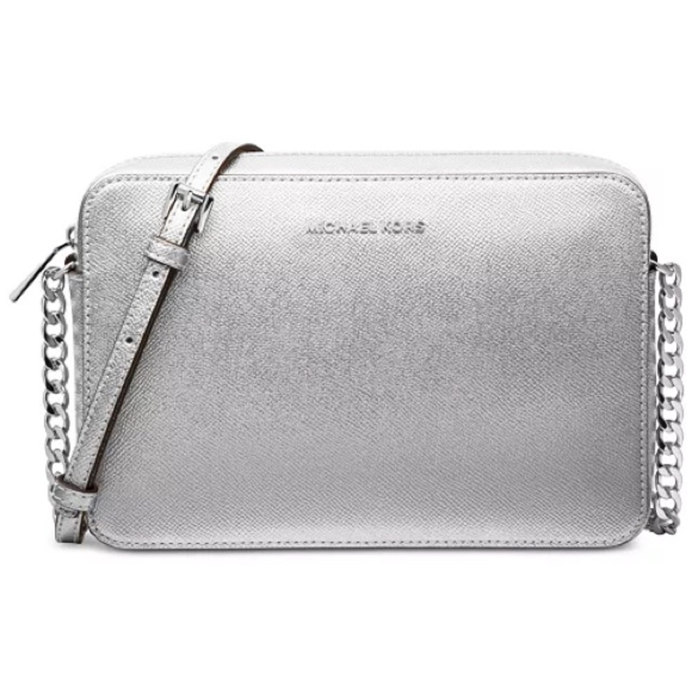 Michael Kors Jet Set saffiano leather Metallic Travel large Silver Crossbody Bag